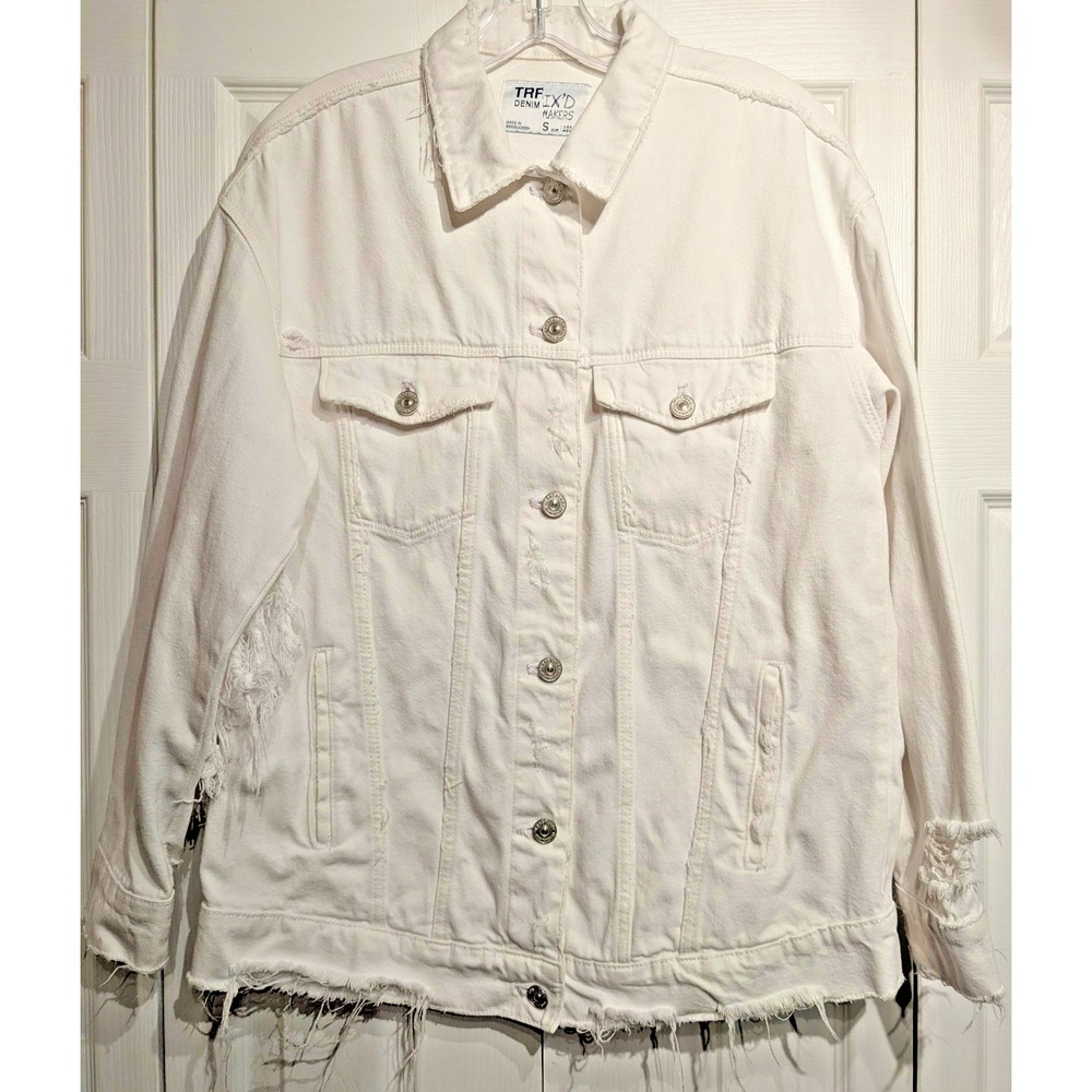 TRF Denim FIX'D Makers Jean Jacket Womens‎ Small White Distressed Fringe Raw Hem